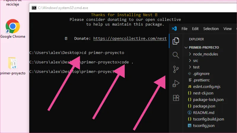 Desde el símbolo del sistema de Windows abrimos el nuevo proyecto NestJS.