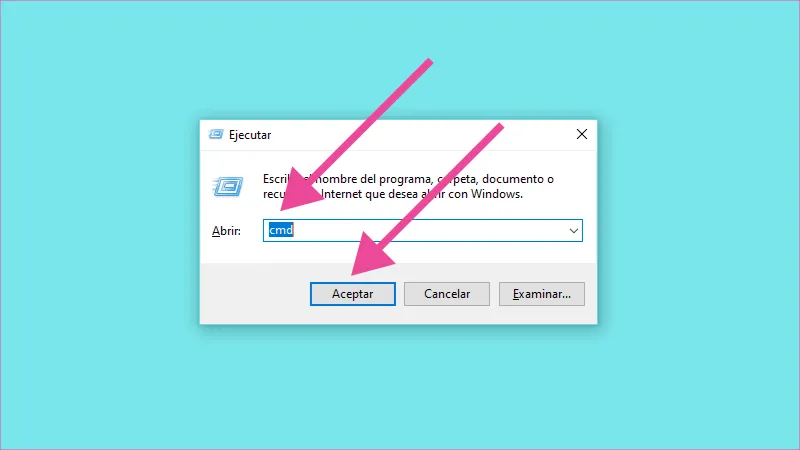 Presionar teclas Windows + r y escribir cmd para abrir símbolo del sistema.