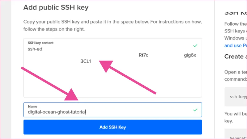 Ventana de Digital Ocean para agregar llave pública SSH en formato texto.