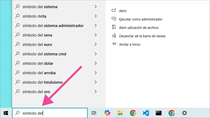 En la barra de búsqueda de Windows escribir símbolo del sistema.