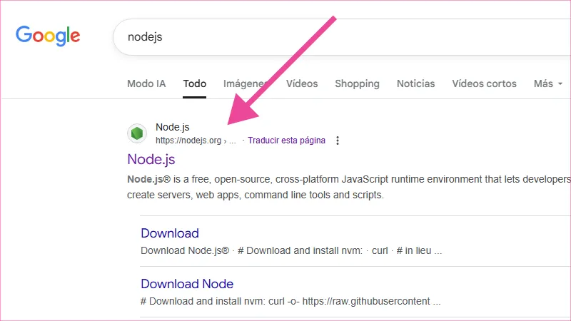 Búsqueda en el navegador Google para instalar NodeJS en Windows 10