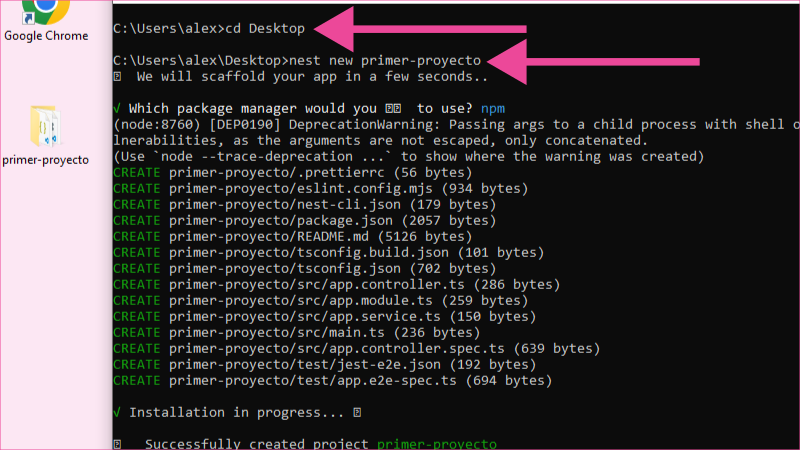 Símbolo del sistema de Windows para crear proyecto NestJS desde cero.
