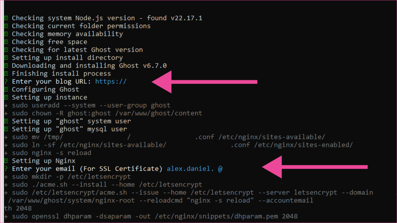 Símbolo del sistema para configurar dominio de Ghost CMS y correo para SSL.