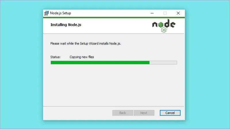 Ventana donde Windows copia los archivos de nodejs javascript al directorio.