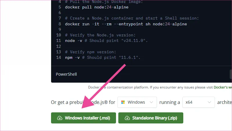 Adentro del sitio web de node.js descargar el paquete .msi para Windows
