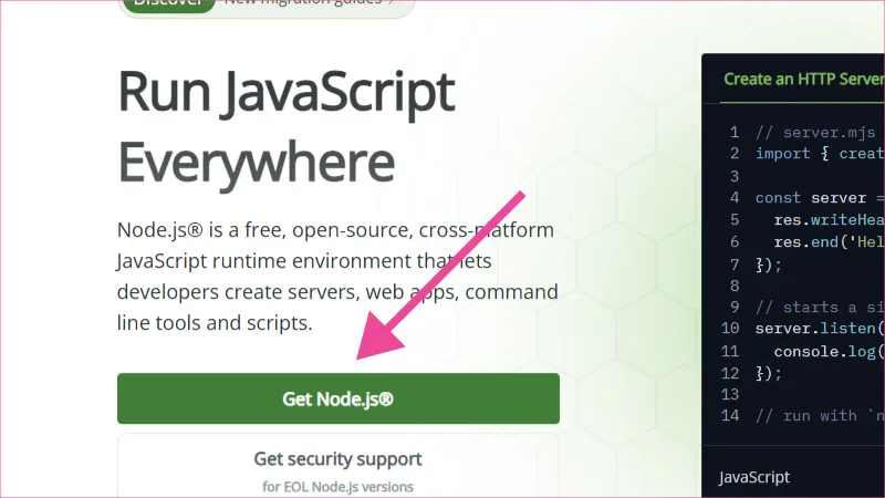 Adentro del sitio web de NodeJS descargar e instalar última versión