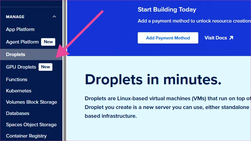 Encontrar menú droplets en panel de administración de DigitalOcean.