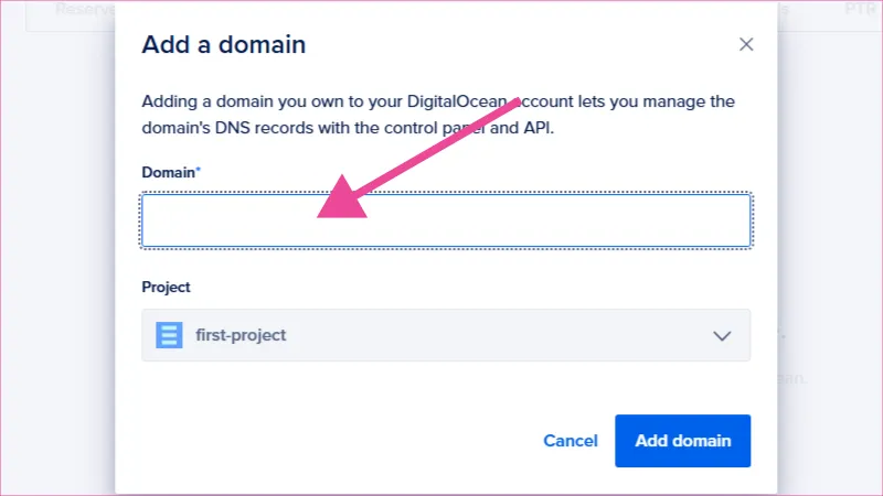 Ventana emergente para conectar dominio Hostinger con Digital Ocean.
