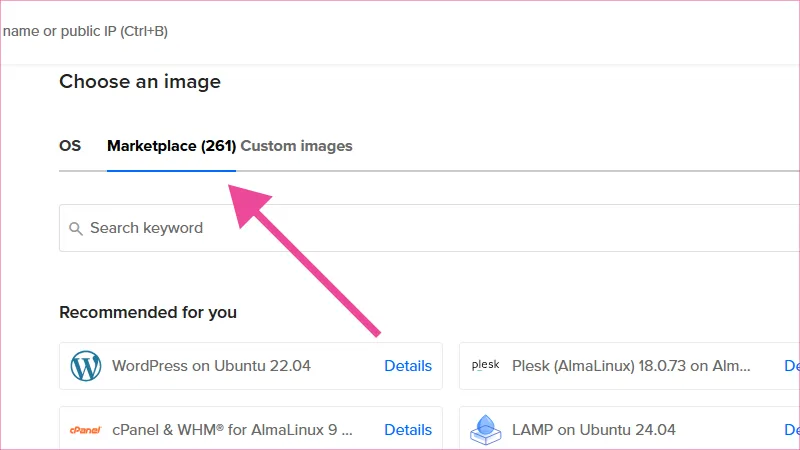 Ventana de droplets en DigitalOcean en la sección Marketplace para filtros de búsqueda.