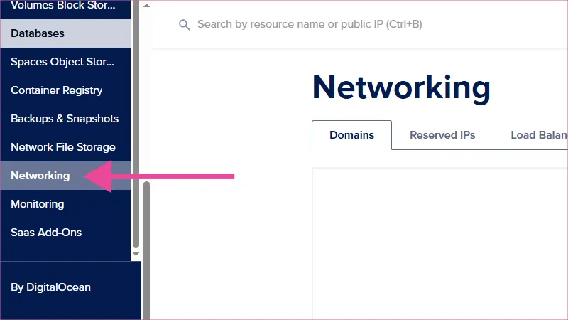 Panel de DigitalOcean con selección de menú Networking y submenú Domains.