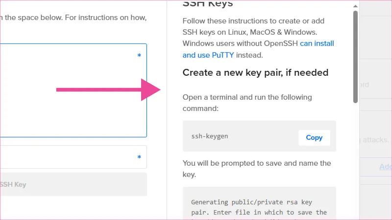 Ventana que muestra comando para crear llave SSH para conectarse por SSH a Digital Ocean