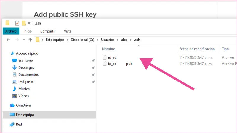 Directorio de Windows con archivos ssh generados, importante el de extensión pub.