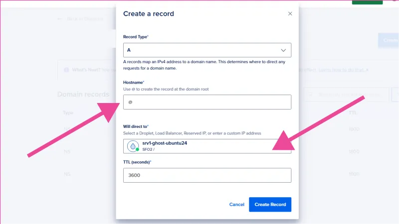Ventana para conectar dominio Hostinger con Digital Ocean