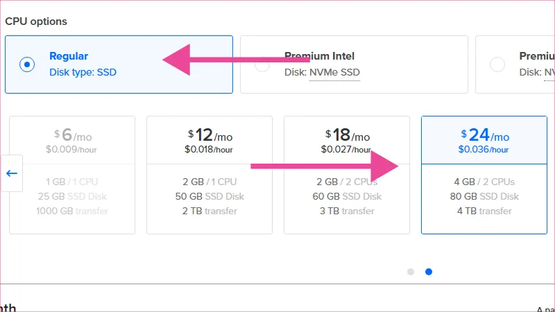 Ventada con selección de tipo de disco duro como Regular y precio de 24 dolares/mes.