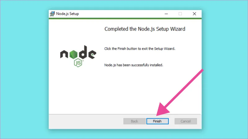 Ventana fin de la instalación de javascript node, click en finish.