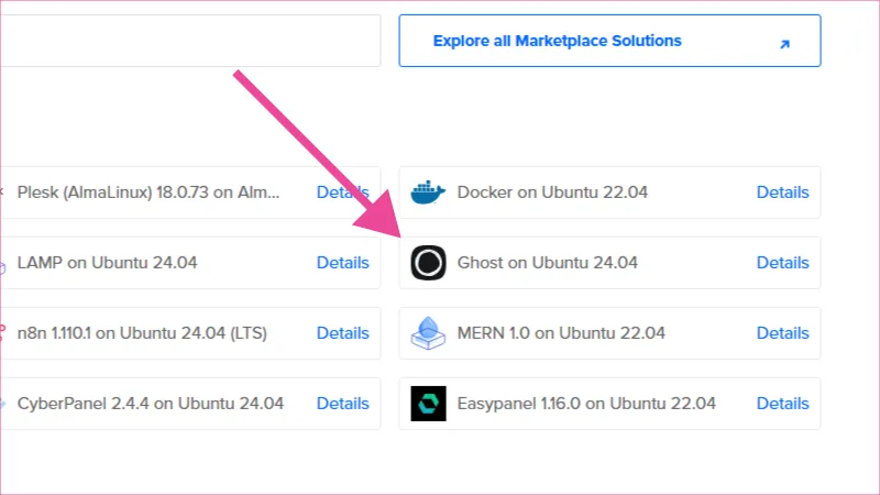 Seleccionar Droplet de Ghost CMS en DigitalOcean en la sección de Marketplace.