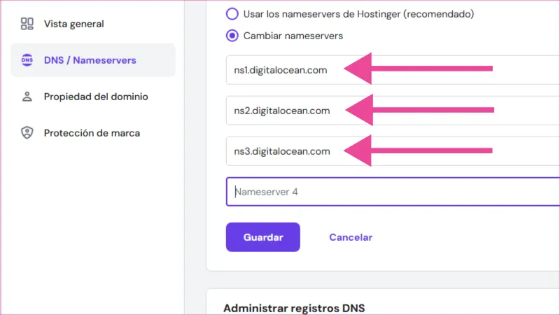 Administrador de Hostinger para Servidores DNS, ingresando valores para Digital Ocean.