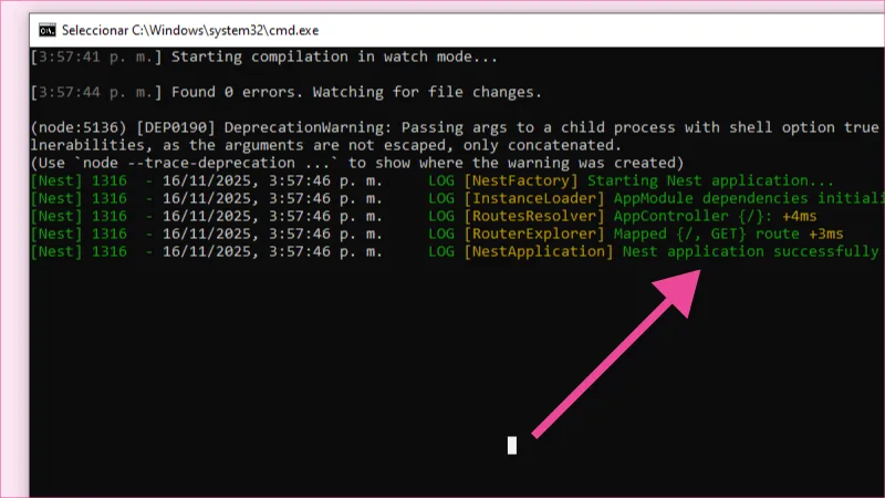 En el símbolo del sistema de Windows se ve el proyecto NestJS en ejecución.