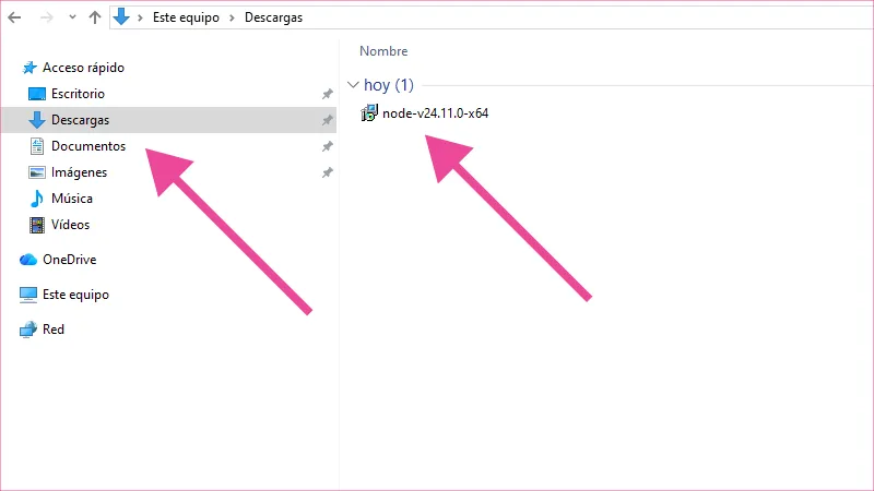 En una computadora con Windows nos ubicamos en descargas para ejecutar el instalador de node.js