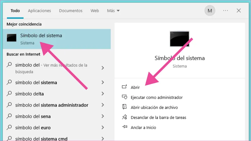 Resultado de búsqueda en Windows y seleccionar símbolo del sistema.