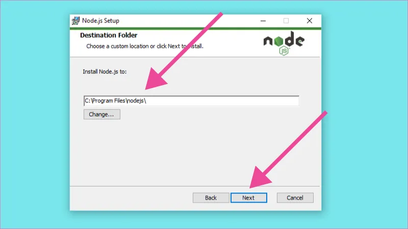 Siguiente ventana de instalación, directorio donde se almacenará nodejs y click en next.