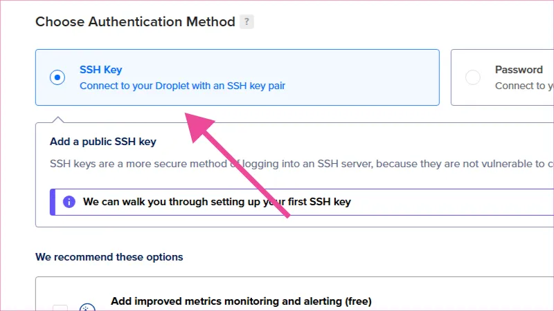 Sección para seleccionar SSH Key que se configurará en el droplet.