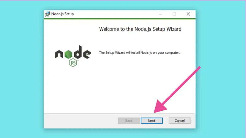 Ventana de inicio de instalación de Nodejs, dar click en Next.