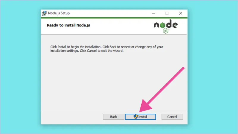 Ventana que confirma que todo esta listo para instalar nodejs, click en install.