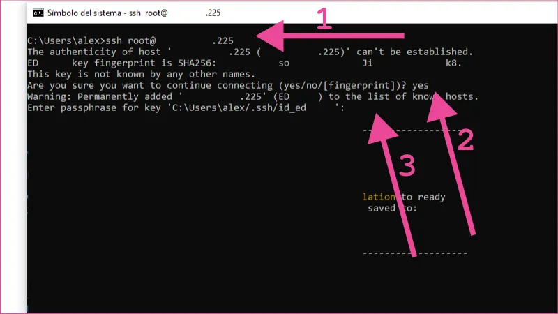 Símbolo del sistema de Windows para conectarse por SSH a Digital Ocean