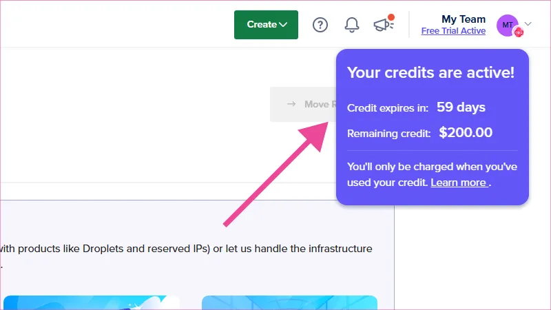 Panel de administración de DigitalOcean muestra los créditos gratis y el tiempo de vigencia.