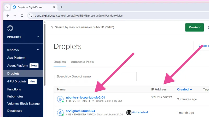 Panel de DigitalOcean con los Droplets que están en ejecución.