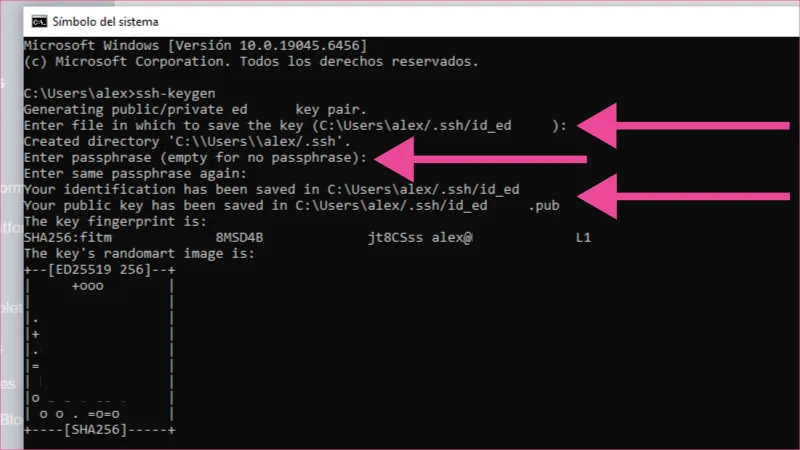 Símbolo del sistema en Windows para ejecutar el comando ssh-keygen