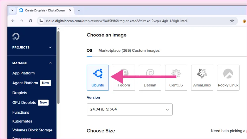 Seleccionar imagen de sistema operativo Ubuntu para crear el Droplet