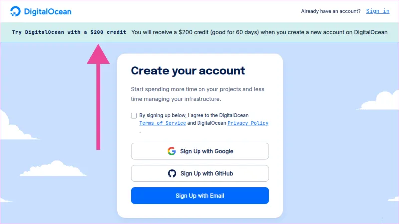 Cómo usar crédito gratis DigitalOcean - Rregistro con Gmail o Github.