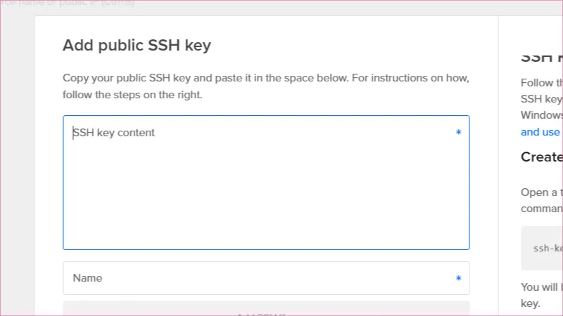 Ventana modal en DigitalOcean para agregar llaves publicas SSH y asegurar conexión del Droplet.