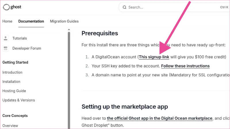 Digital Ocean y enlace de afiliación para crédito gratis desde Ghost CMS.