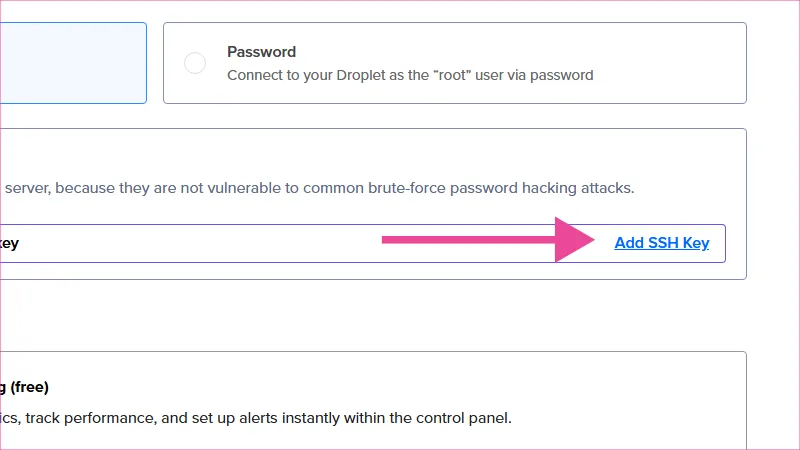 En DigitalOcean dar click en Add SSH Key para iniciar las configuraciones.