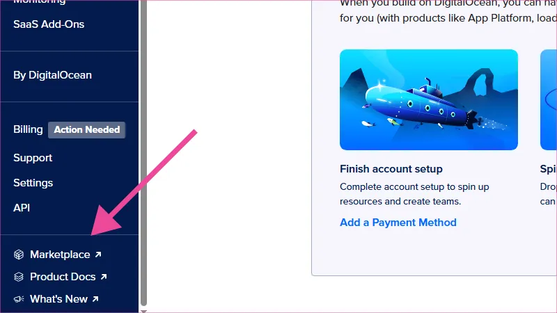 Panel de DigitalOcean con menú de Marketplace