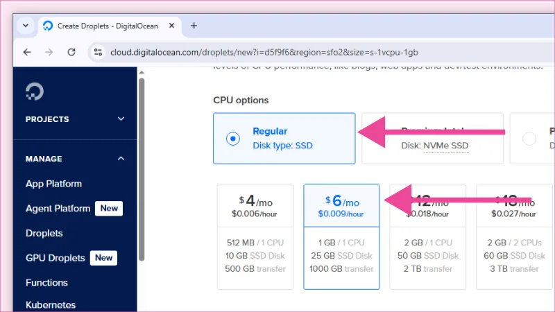Panel de DigitalOcean para seleccionar tipo de Alcenamiento, CPU y RAM para el Droplet.