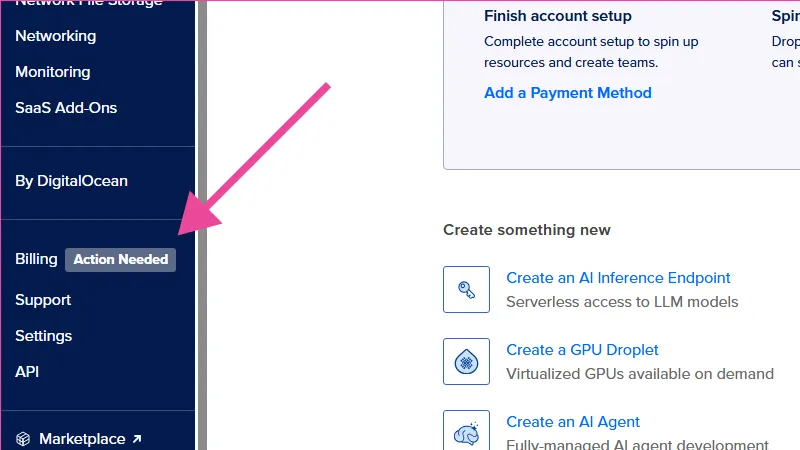 Panel de Administración de Digital Ocean con acción pendiente en el apartado Billing.