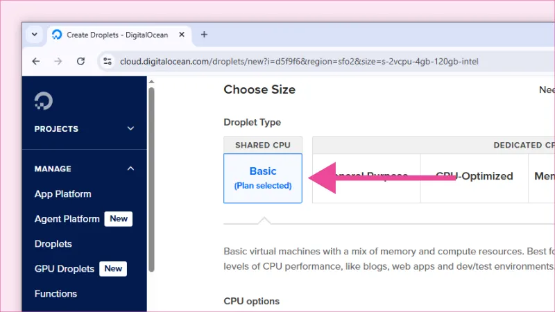 Seleccionar Shared CPU en panel de DigitalOcean